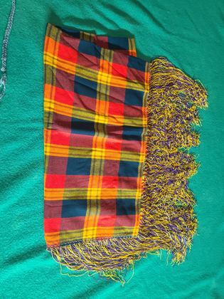 Plaid wool powwow dance shawl with long rayon chainette fringe, plate 132
