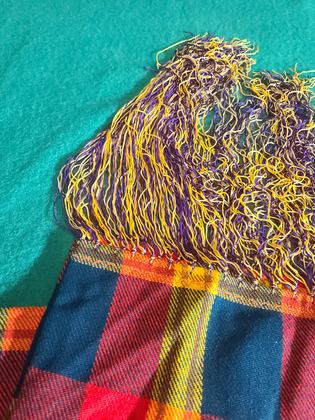 Plaid wool powwow dance shawl with long rayon chainette fringe, plate 133