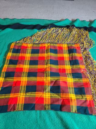 Plaid wool powwow dance shawl with long rayon chainette fringe, plate 134