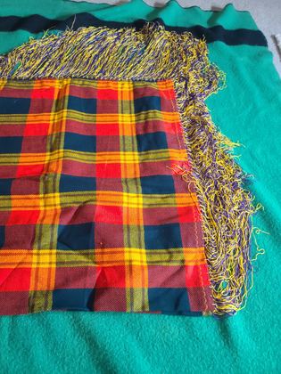 Plaid wool powwow dance shawl with long rayon chainette fringe, plate 135