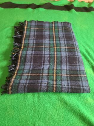Dark green, navy and black tartan wool shawl/throw with applied dark fringe, plate 138