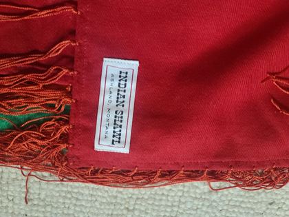 Red wool dance shawl with embroidered blue roses, "Indian Shawl — Ashland, Montana" label, plate 14