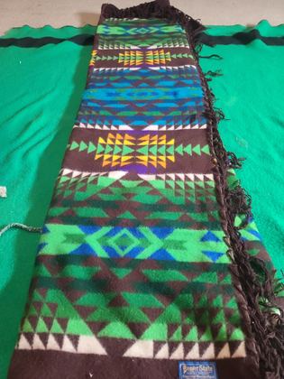 Pendleton "Beaver State" fringed jacquard robe/shawl, brown ground with green, turquoise, yellow and purple banded geometric, plate 145