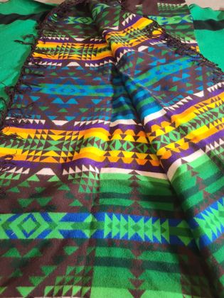 Pendleton "Beaver State" fringed jacquard robe/shawl, brown ground with green, turquoise, yellow and purple banded geometric, plate 146