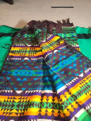 Pendleton "Beaver State" fringed jacquard robe/shawl, brown ground with green, turquoise, yellow and purple banded geometric, plate 147