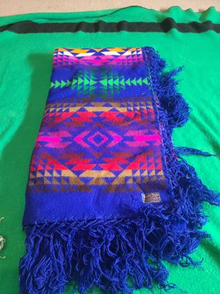Pendleton Beaver State fringed shawl, royal blue banded geometric, plate 149