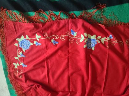 Red wool dance shawl with embroidered blue roses, "Indian Shawl — Ashland, Montana" label, plate 15