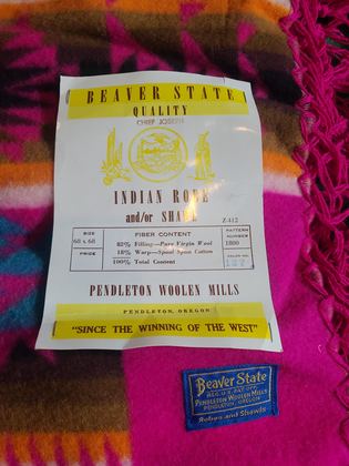 Pendleton Chief Joseph fringed shawl, fuchsia colourway, with original hangtag, plate 153