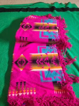 Pendleton Chief Joseph fringed shawl, fuchsia colourway, with original hangtag, plate 154