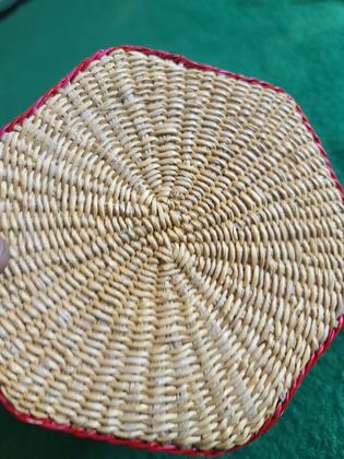 Small lidded straw box basket with dyed banding, plate 176