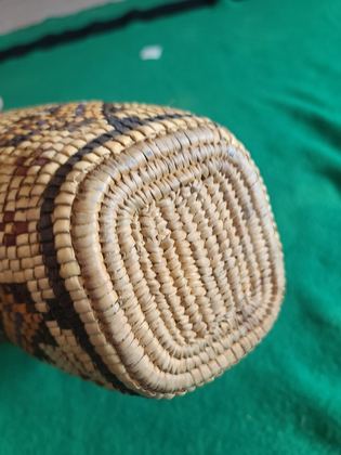 Fully imbricated polychrome Klickitat-type huckleberry basket with cloth-bound rim and cotton tumpline, plate 192
