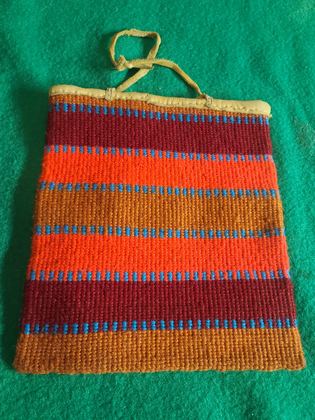 Plateau twined wool-yarn flat bag, banded design, hide-bound top, plate 21