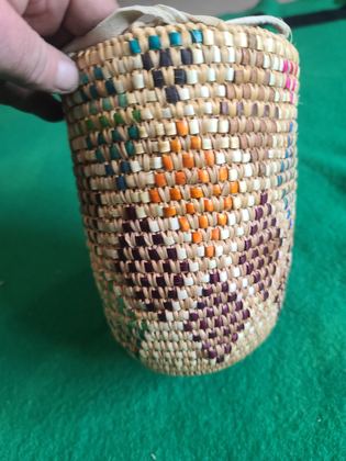 Polychrome imbricated coiled berry basket with pale buckskin rim binding, plate 212