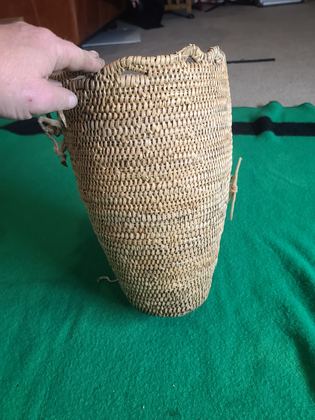 Large plain coiled cedar-root gathering / burden basket with hide loops, plate 216