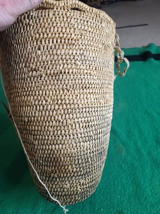 Large plain coiled cedar-root gathering / burden basket with hide loops, plate 219