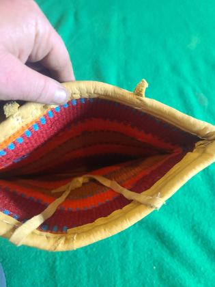 Plateau twined wool-yarn flat bag, banded design, hide-bound top, plate 22