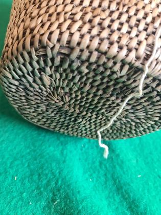 Large plain coiled cedar-root gathering / burden basket with hide loops, plate 220