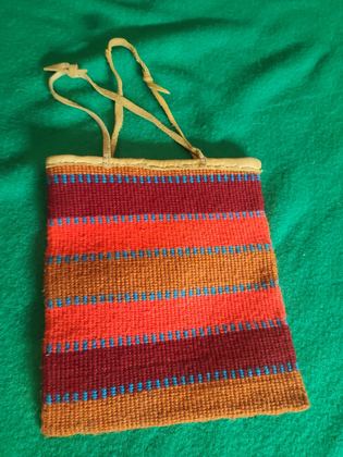 Plateau twined wool-yarn flat bag, banded design, hide-bound top, plate 23
