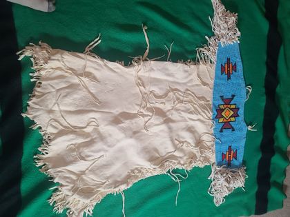 Beaded-yoke buckskin dress, light blue lane-stitch ground, plate 7