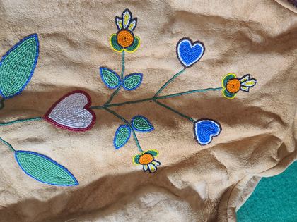 Beaded hide vest with floral sprays and a beaded yellow bird, plate 72